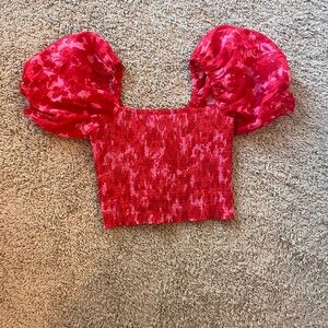 Oliviaceous Pink and Red Cropped Puff Sleeve Women's Top